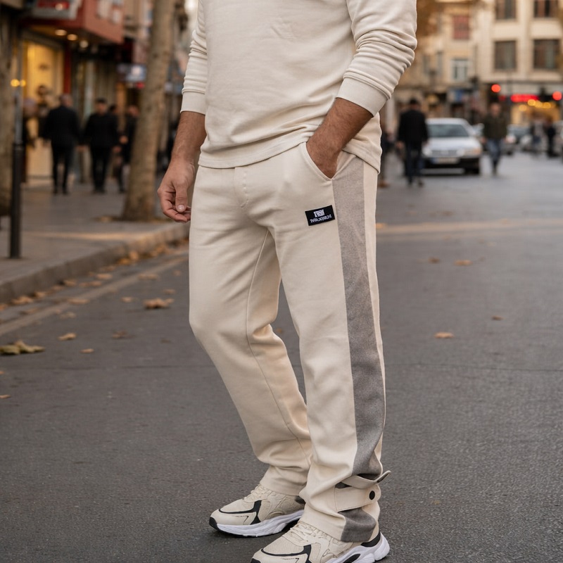 شلوار بنگال مردانه نوار پهن پایین دکمه مدل Mehrad-کرم